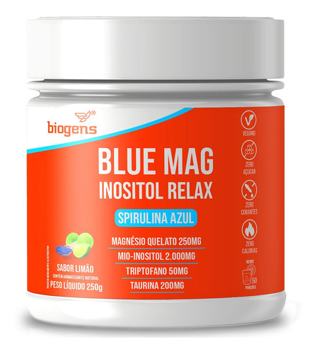 Blue Mag Inositol, Spirulina Azul, Triptofano, 250g, Biogens Limão