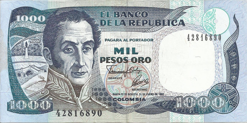 Colombia 1000 Pesos Oro 31 Enero  1992