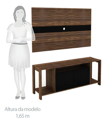 Rack Home Com Painel Para Tv 55 136cm Sala Preto Nogal Cor Nogal Com Preto