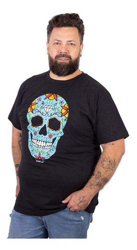 Camiseta Masculina Plus Size Caveira Mexicana Preta