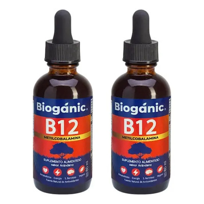 Bioganic Vitamina B12 Metilcobalamina Sublingual de Rápida Absorción, Vegano, Sin Azúcar, Sin Gluten, Sabor Aránano, Paquete de Dos 2400 Porciones en Total, Envase de 60 ml, Para Toda la Familia, | Meses sin interés