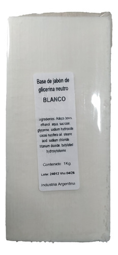 Barra De Jabon Neutro Blanca Coco Glicerina Por 1kg