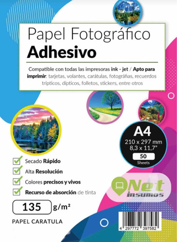 Papel Fotográfico A4 135g Glossy Pack 50 Adhesivo