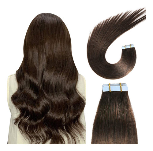 Cabelo Humano Natural Fita Adesiva Castanho 45 Cm -30 Peças