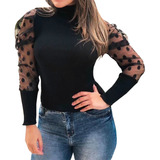 Blusa Tricô Gola Alta: Modelo Manga Longa Tule Poá Bolinha