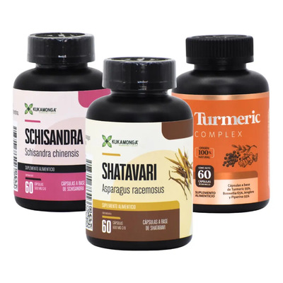 Kit Shatavari + Schisandra 60 Cápsulas + Turmeric Complex | Balance Hormonal | Curcumina , Jenjibre y Perina | Meses sin interés
