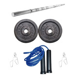 Kit Sport Maniac Barra Maciza + Soga + Discos Fundición 10kg