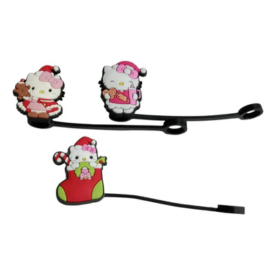 Set 3 Pz Tapón Funda Cubre Popote Silicona Kitty Sanrio Kitty Moño Rosa