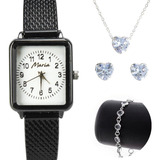 Pulseira + Relogio Feminino Preto Aço Inox + Colar Strass