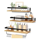 Set 3 Estanterías De Madera Para Cocina Baño Y Dormitorio Con 4pcs Hooks, Estantes De Baño Con Toallero, Estantes Flotantes, Estantes De Pared Para Baño / Salón / Cocina / Dormitorio