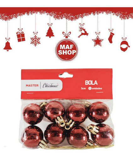 Kit 32 Bola Arvore Natal 3 Cm Vermelho Red Pequena Brilhante