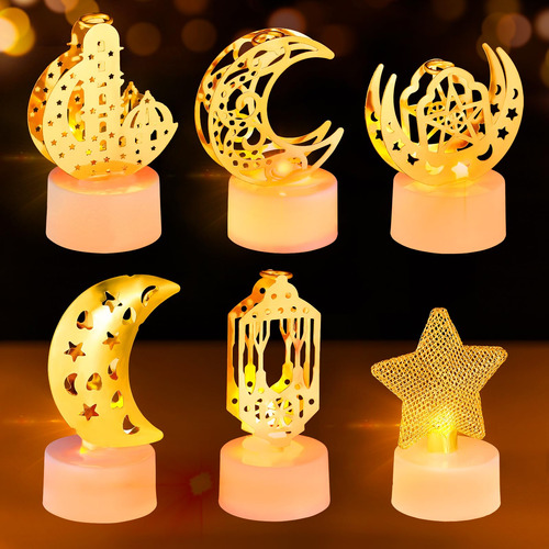 6 Mini Faroles De Ramadán, Luces Led De Noche Con Vela Eid.