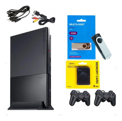 Ps2 Completo Playstation 2 Slim Preto Sony Original + 2 Controles + Jogos No Pen Drive + Memory Card + Cabos De Vídeo E Energia 