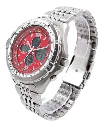 Relógio Citizen Masculino Temperatura Tz10093r-js1046-55w Cor Da Correia Prateado Cor Do Bisel Prateado Cor Do Fundo Vermelho