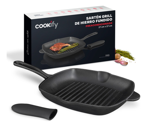 Sartén Grill De Hierro Fundido Cookify 27 Cm | Ferro-lux Series | Cocción Uniforme, Ideal Para Asador. Color Negro
