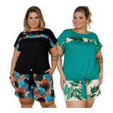 Kit 2 Conjuntos Feminino Plus Size Blusa Shorts Gg G2 G3