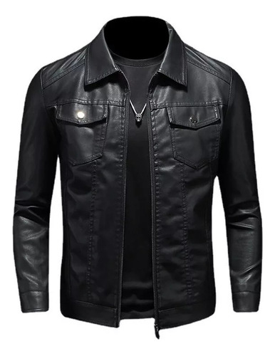 Chamarra  Piel Slim Fit Tipo Biker Black Ii9 Para Hombre