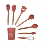 Set Utensilios De Cocina Mango Madera Punta De Silicona X7