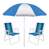 Kit Praia 1 Guarda Sol Azul 1,80m + 2 Cadeiras Cores Sortida