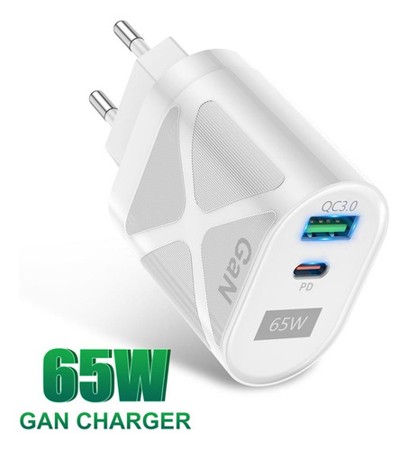 Carregador Gan 65w Turbo Duplo: Usb 3.0 E Dp Tipo C + Cabo