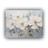 90x60cm Cuadro Floral Blanco Y Plateado En Lienzo Flores