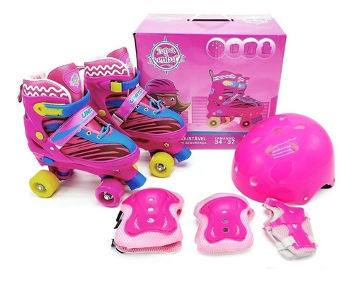 Patins Roller Infantil Kit Proteção Menina Rosa 30-37