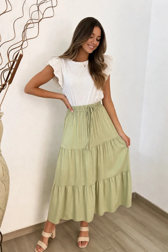 Falda Midi Casual De Capas Con Bolsillos Para Mujer