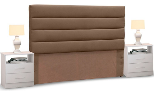 Cabeceira Cama Box Casal 140cm Greta Suede Marrom Chocolate C/ 2 Criados