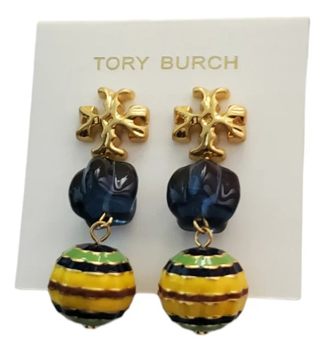Aretes Tory Burch Logo Dorado Con Figuras Colgantes 