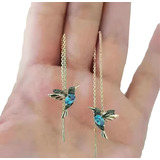 Par De Aretes Colibri Cadena Larga Brillantes A La Moda