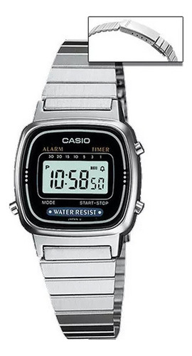 Reloj Casio La-670wd-1d Dama Ultimo Disponible Color De La Malla Plateado Color Del Bisel Plateado Color Del Fondo Negro