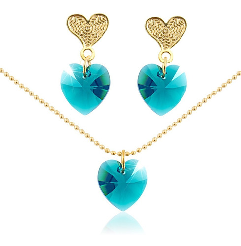 Collar Mujer Corazon Swarovski Azul Turquesa Cadena Oro Gdf