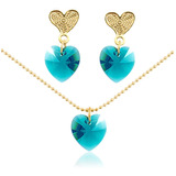 Collar Mujer Corazon Swarovski Azul Turquesa Cadena Oro Gdf