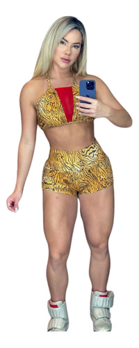 Conjunto Fitness Animal Print Amarelo Detalhe Vermelho