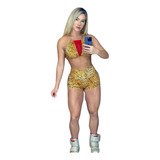 Conjunto Fitness Animal Print Amarelo Detalhe Vermelho