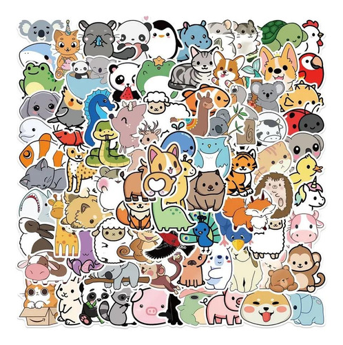 Set X 100 Stickers Animales Kawaii Niños Calcomanias Happy