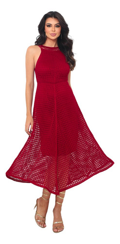 Vestido Midi Tricot Rendado Com Botões Reveillon Natal Maya 