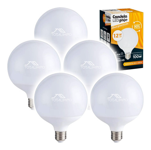 5 Lámparas Led Globo 12w (100w) Luz Cálida Candela 6801