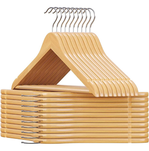 Pack X10 Percha De Madera Lustrada 1° Calidad Terminacion Con Barniz Organizadores De Ropa Para El Hogar Uso Comercial