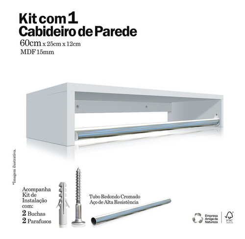 Kit 1 Cabideiro Branco Prateleira Araras Roupas 60x25 Mdf