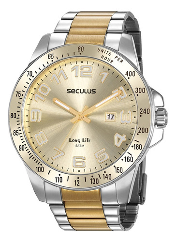 Relógio Seculus Masculino Long Life Bicolor Com Calendário Cor Da Correia Dourado Cor Do Fundo Dourado