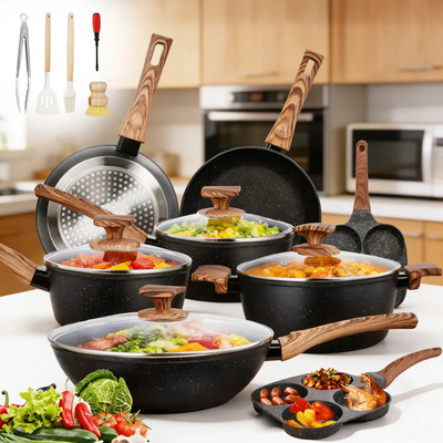 Novry® Juego De Ollas Y Sartenes Battery Juego De 15 Piezas De Ollas Y Sartenes De Granito Antiadherentes Para Uso Doméstico Incluyendo Sartenes Para Freír Y Ollas Para Cocinar Al Horno Color Negro | Envío gratis