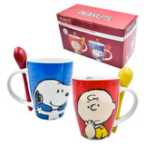 2 Tazas Para Cafe Snoopy Peanuts Ceramica Con Cuchara 310 Ml