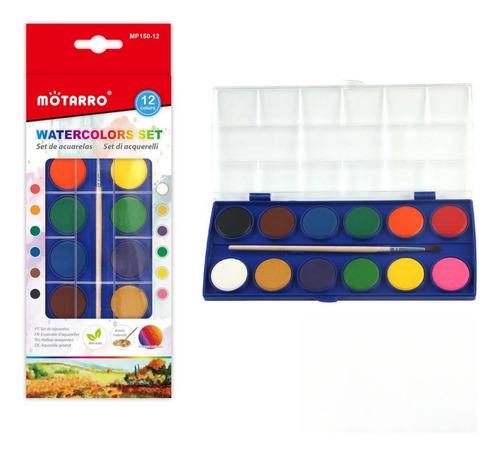 Kit Acuarelas Solidas Con Pincel Uso Escolar Arte 12 Colores