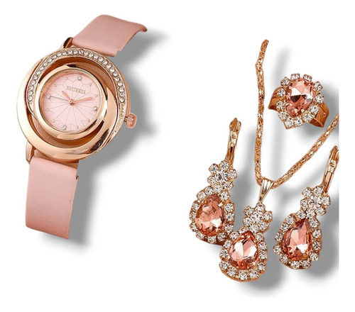 Set Reloj Rosa Con Collar Anillo Y Aretes