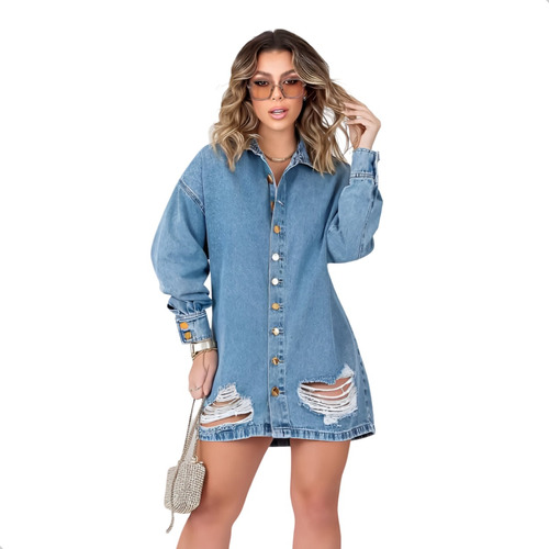 Vestido Manga Longa Inverno Jeans Feminino Camisão Frio