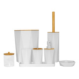 Set 8 Accesorios Poligonales Para Baño Pvc Blanco Y Bambú