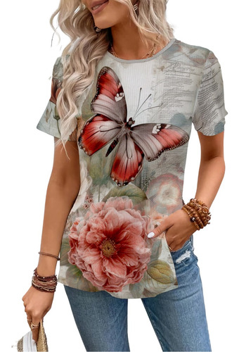 Blusa Casual Abertura Lateral Manga Corta Mariposa Postal