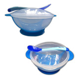 Tigela Bebê Bowl Tampa E Ventosa Colher Silicone Sensor Azul