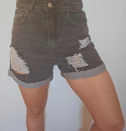 Short De Jean Mujer Negro Denim Roturas Tiro Alto